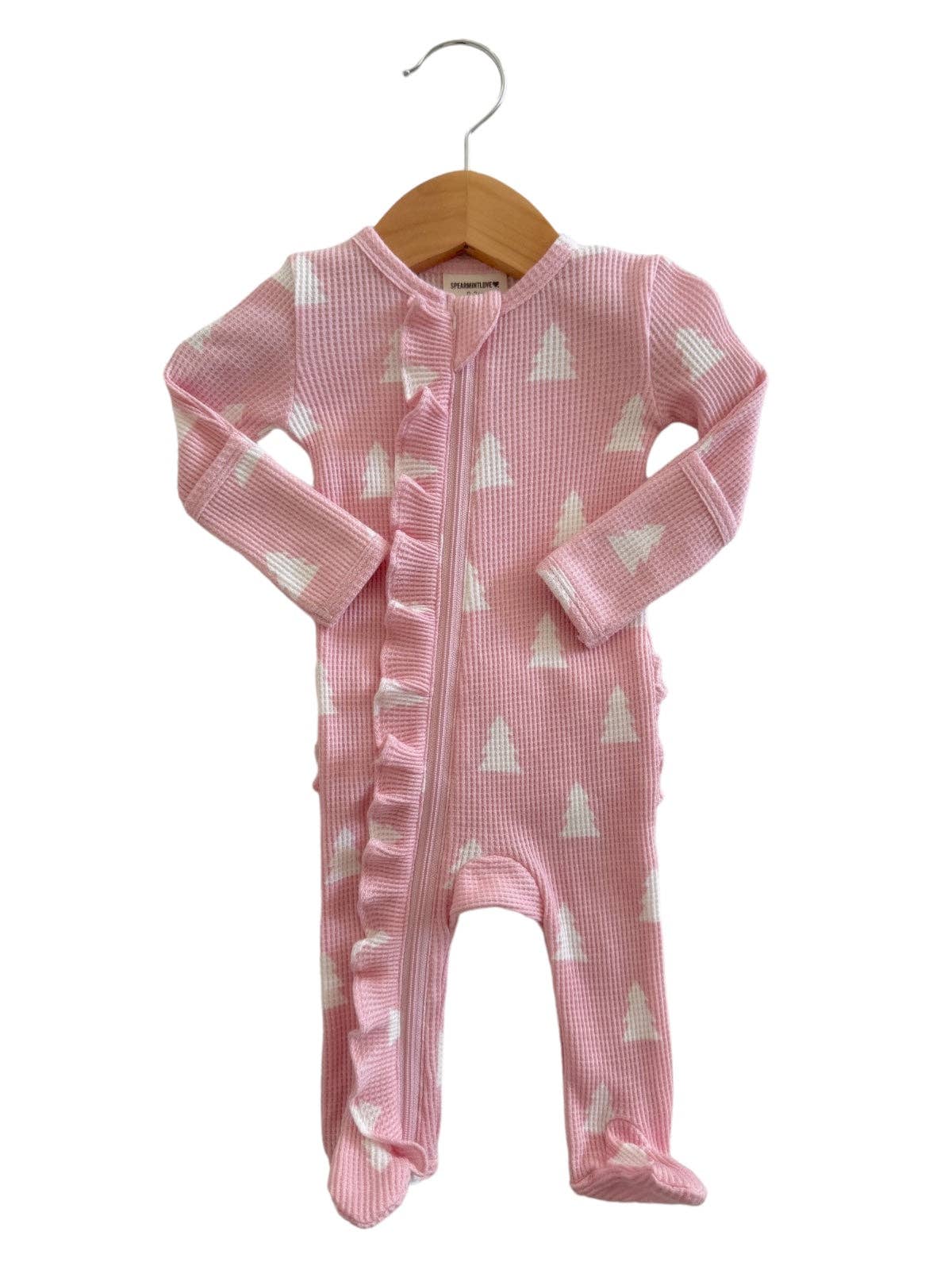 Organic Waffle Ruffle Zip Footie | Pink Christmas Trees