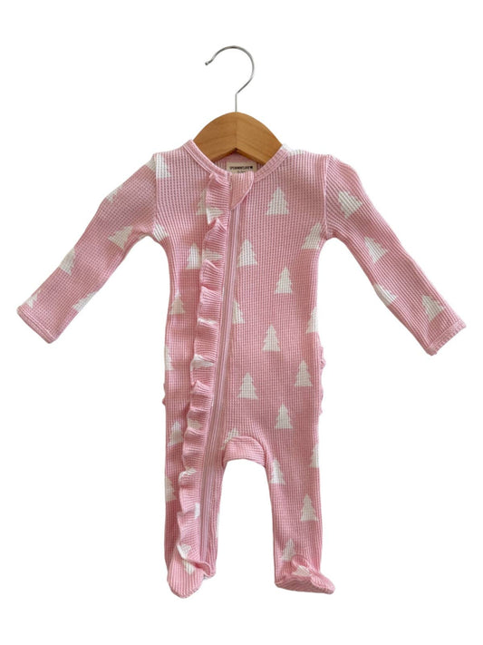 Organic Waffle Ruffle Zip Footie | Pink Christmas Trees