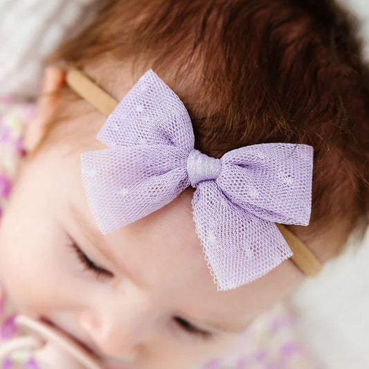 Tulle Bow Nylon Headband | Lavender Dot