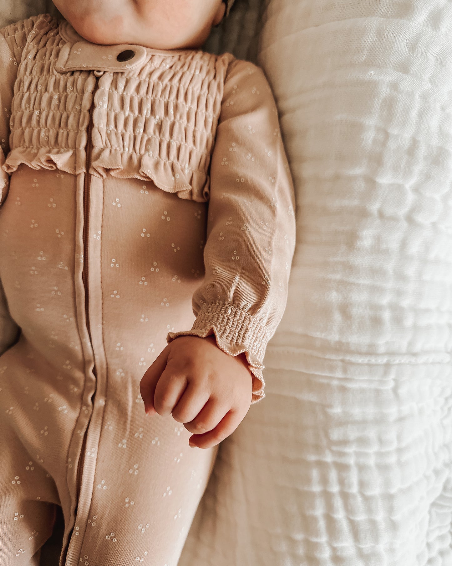 Organic Smocked Zipper Footie | Rosewater Dots