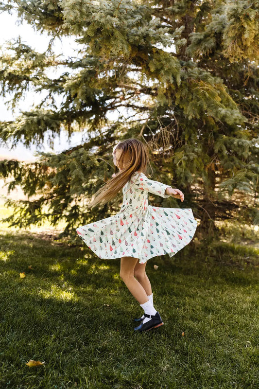 Gwendolyn Dress | Pink + Green Christmas Trees on Mint