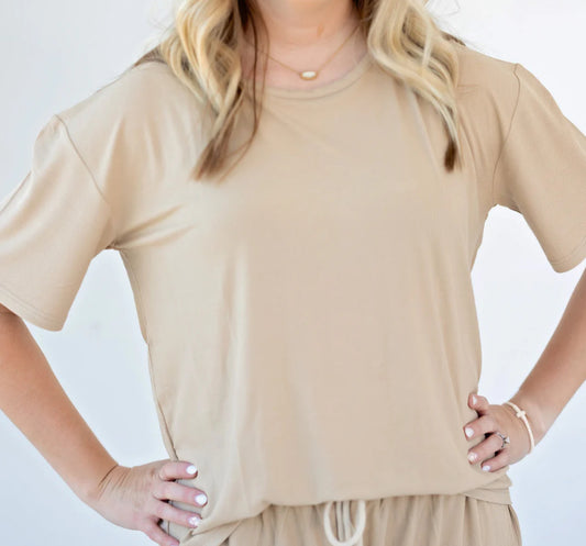 Tan Small Ribbed Women’s Short Sleeve Top