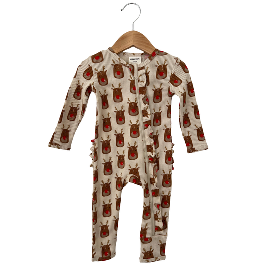 Organic Waffle Ruffle Zip Footie | Reindeer