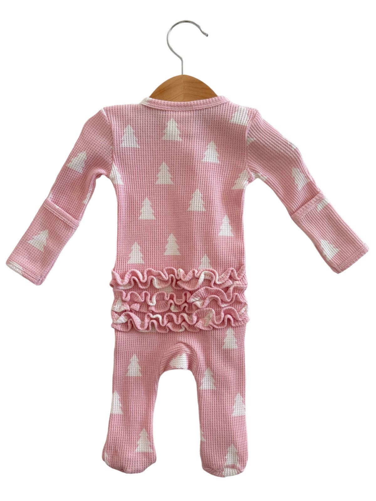 Organic Waffle Ruffle Zip Footie | Pink Christmas Trees