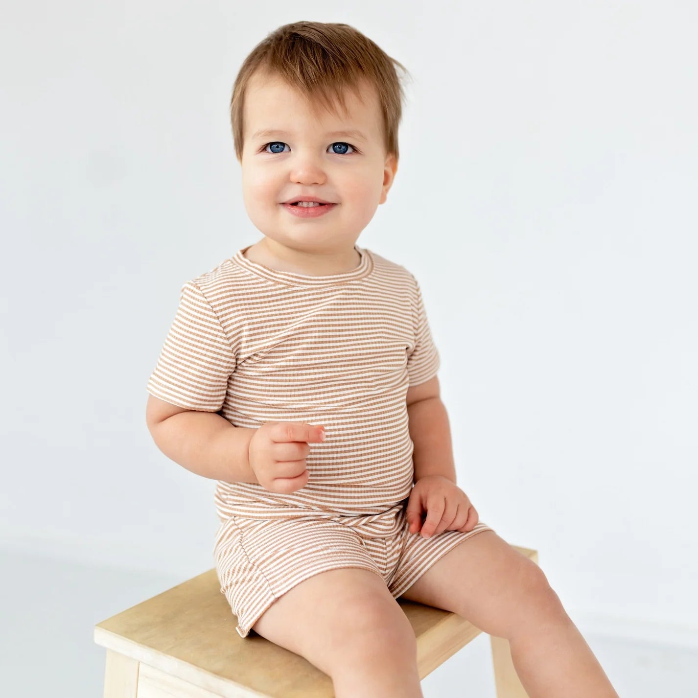 Shorts Two-Piece Bamboo Set | Honey Stripe (Small Ribbed)