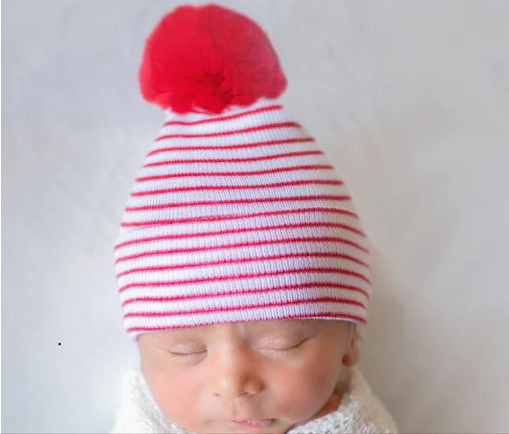 Newborn Hospital Hat with Pom | Red Stripe with Red Fuzzy Pom