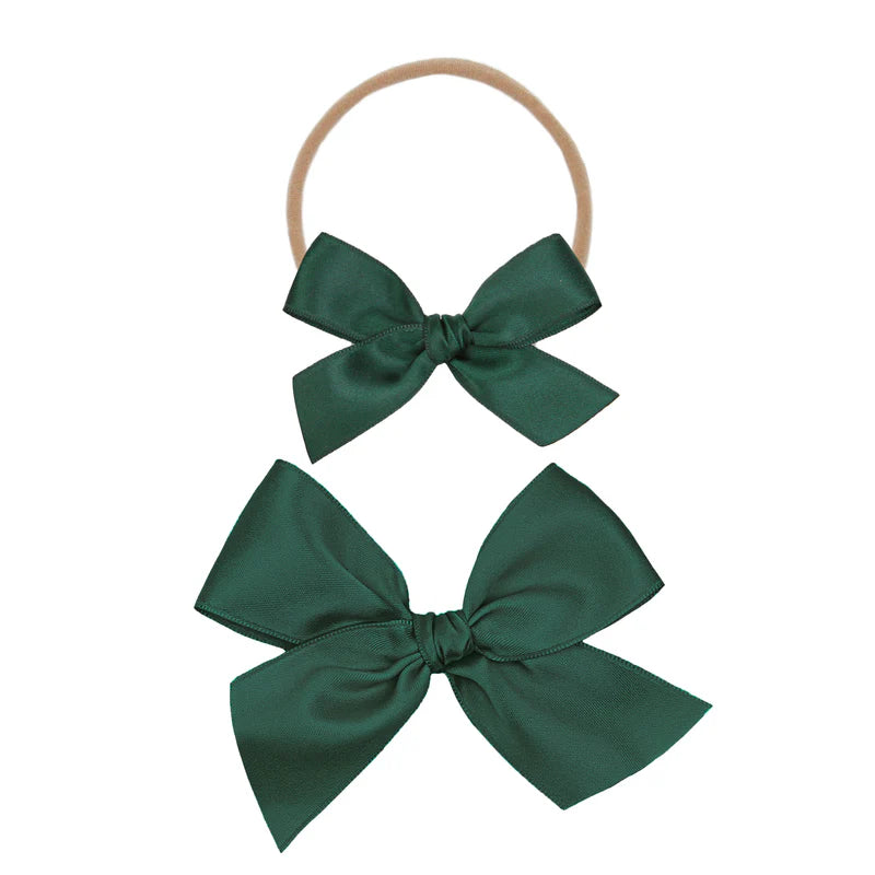 Red, Evergreen & Champagne Satin Bows | 3-Pack of Nylon Headbands