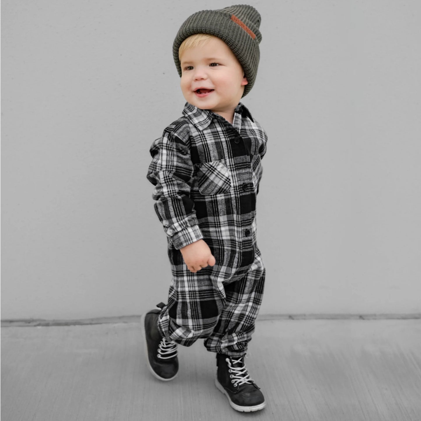 Flannel Romper | Grey Plaid