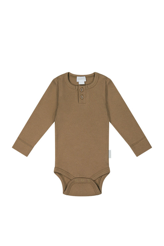 Long Sleeve Fine Rib Henley Bodysuit | Caramel