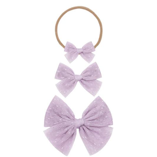 Tulle Bow Nylon Headband | Lavender Dot