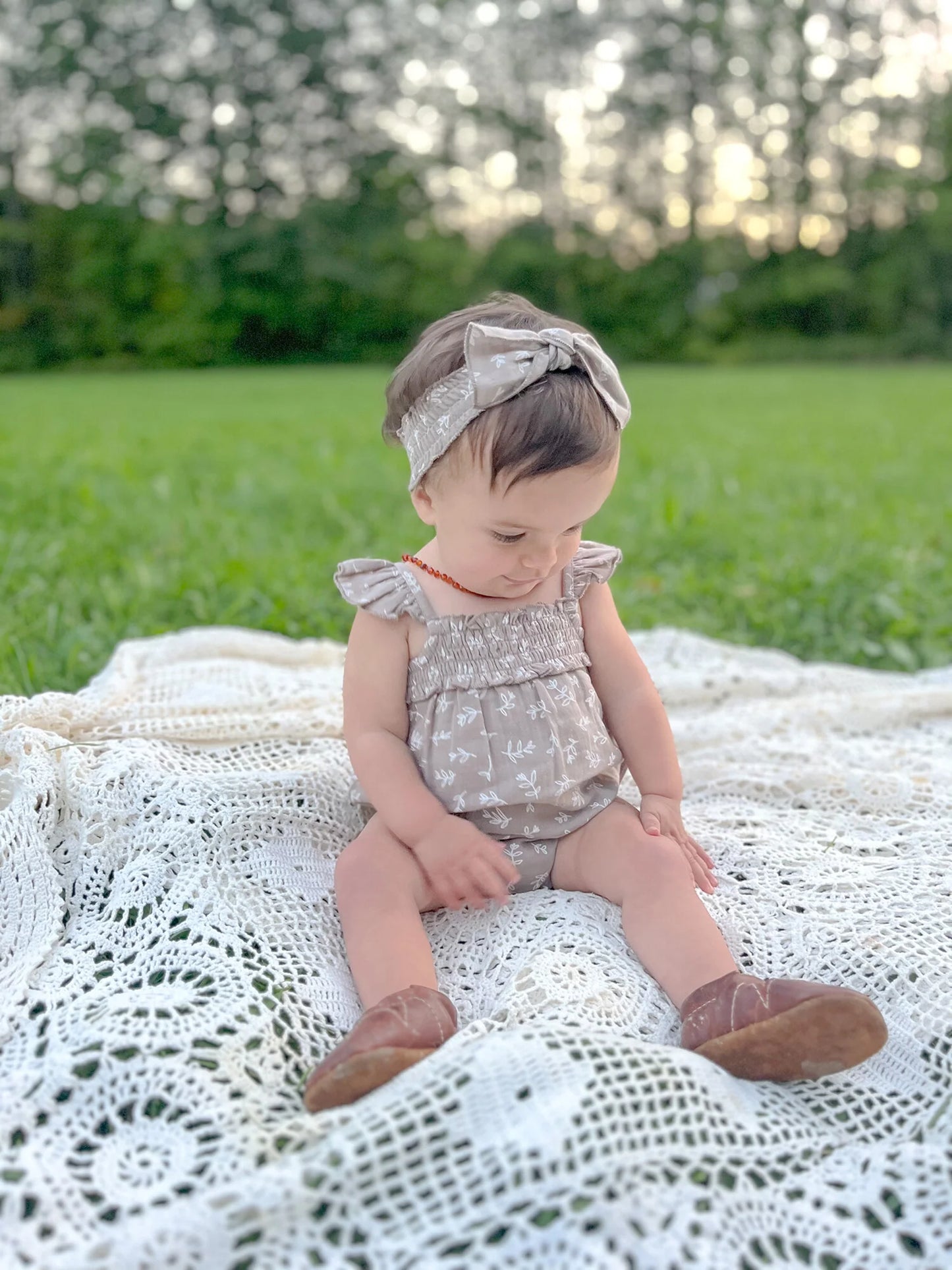 Organic Muslin Smocked Headband | Fawn Leaves