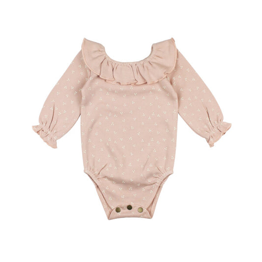 Organic Ruffle Neck Bodysuit | Rosewater Dots