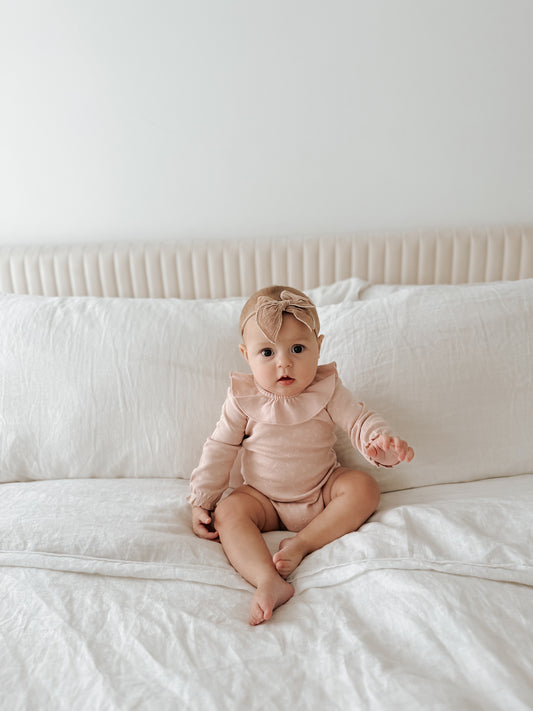 Organic Ruffle Neck Bodysuit | Rosewater Dots