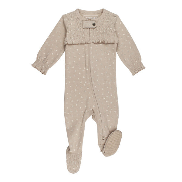 Organic Smocked Zipper Footie | Oatmeal Dots