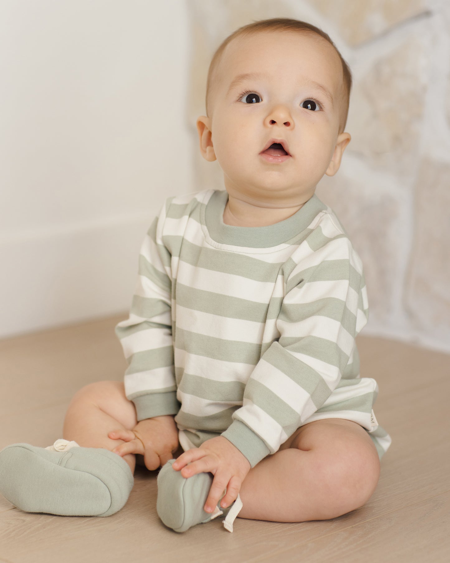 Crewneck Bubble Romper || Sage Stripe