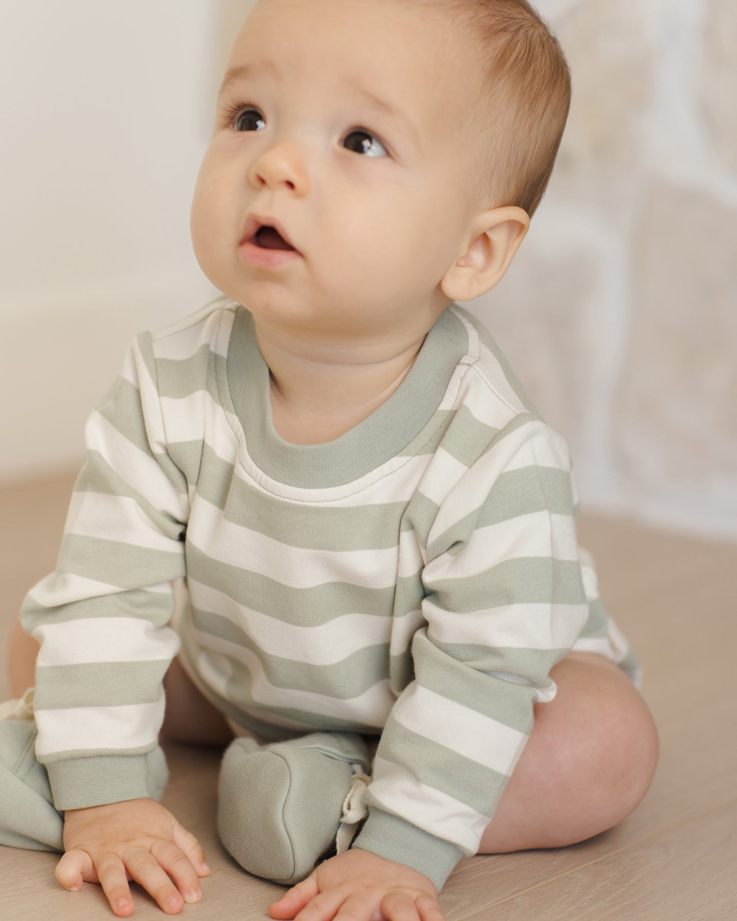 Crewneck Bubble Romper || Sage Stripe