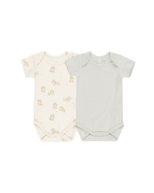 Short Sleeve Bodysuit, 2 Pack || Puppies, Sky Micro Stripe