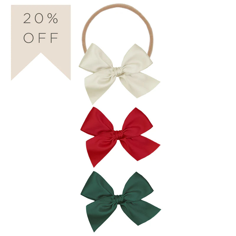 Red, Evergreen & Champagne Satin Bows | 3-Pack of Nylon Headbands