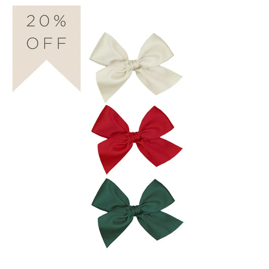 Red, Evergreen & Champagne Satin Bows | 3-Pack of Clips