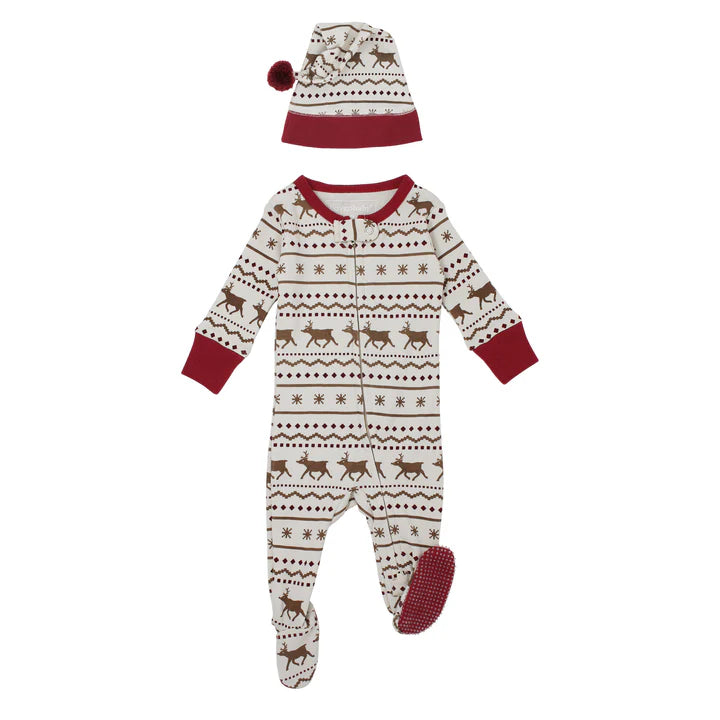 Holiday 2-Way Zipper Footie & Cap Set | Fair Isle Rudolph