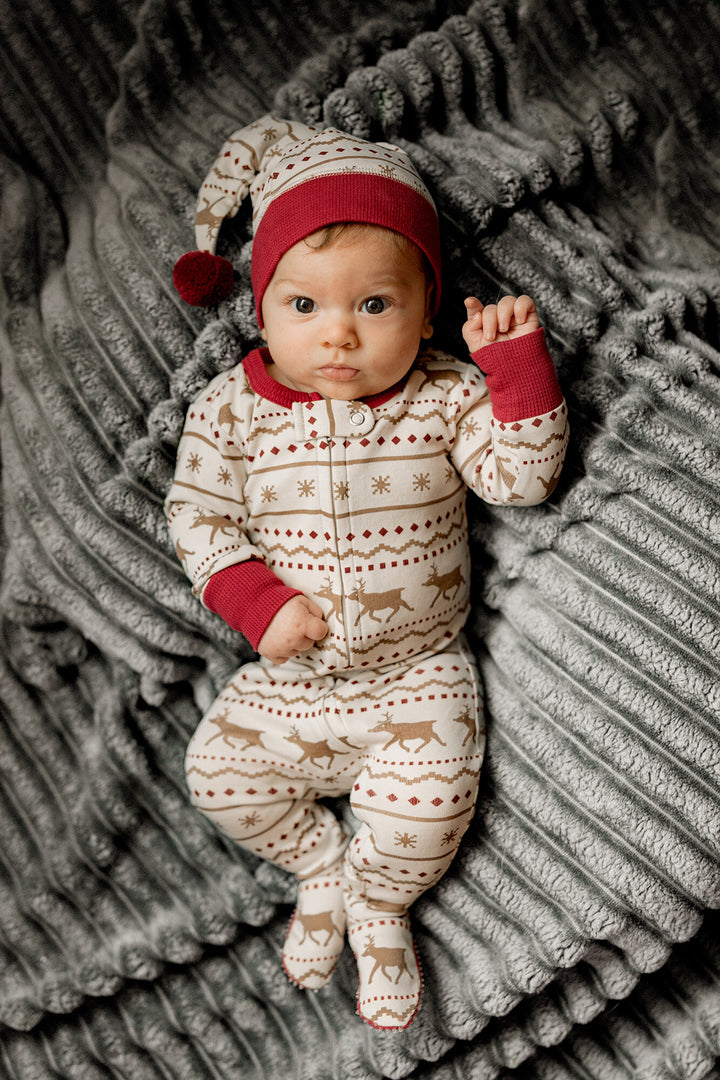 Holiday 2-Way Zipper Footie & Cap Set | Fair Isle Rudolph