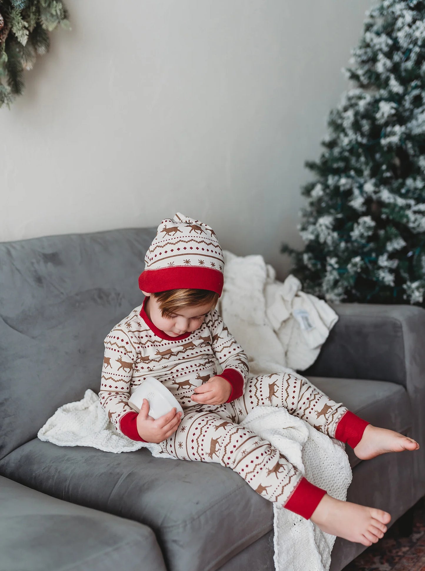 Kids' Organic Holiday PJ & Cap Set | Fair Isle Rudolph