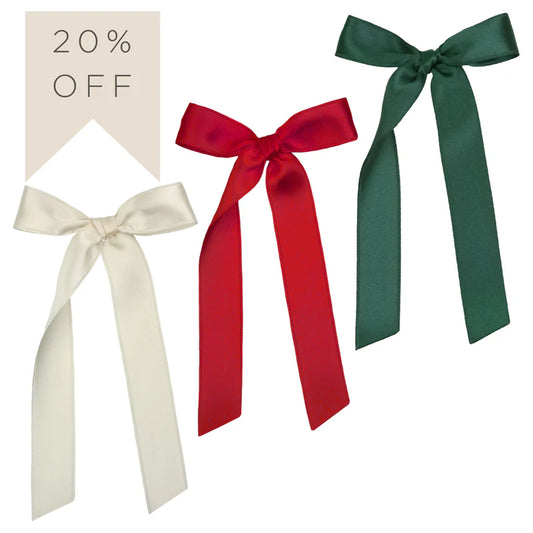 Red, Evergreen & Champagne Satin Sash Bows | 3-Pack of Clips