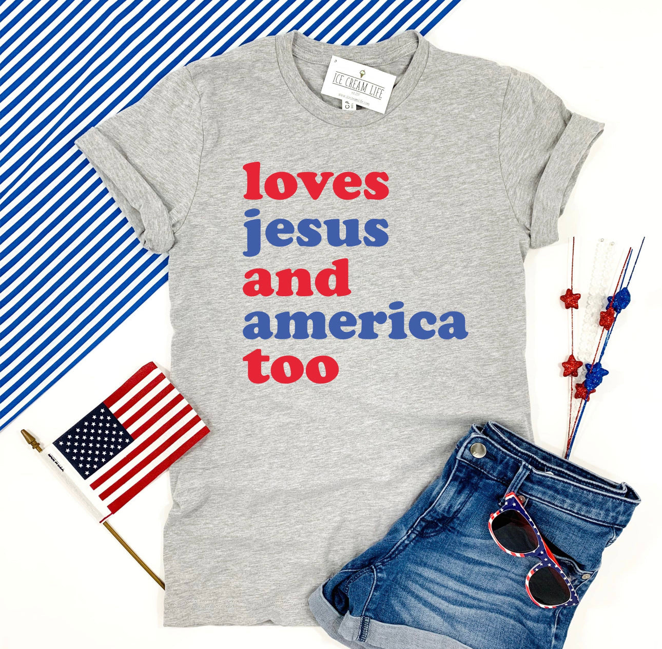 Adult Loves Jesus and America Too | Grey Tee