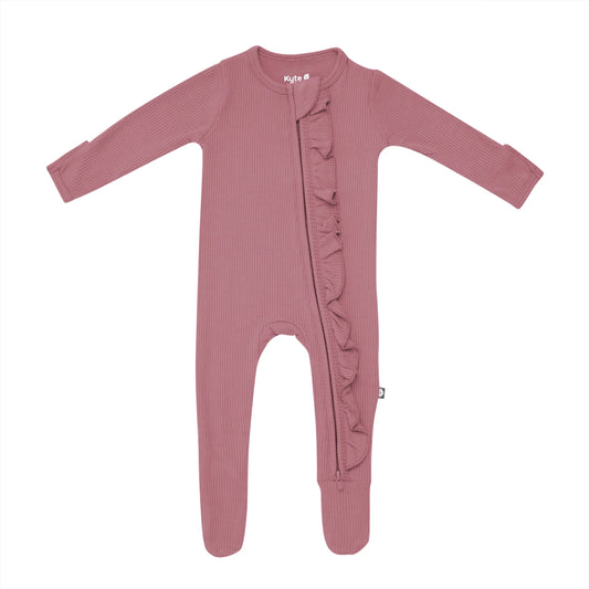 Ribbed Ruffle Zipper Footie | Dusty Rose