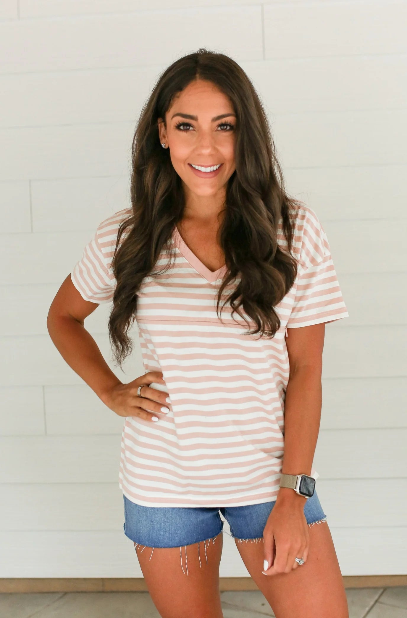 V-Neck Full Zip Breastfeeding Tee | Ivory & Blush Stripe