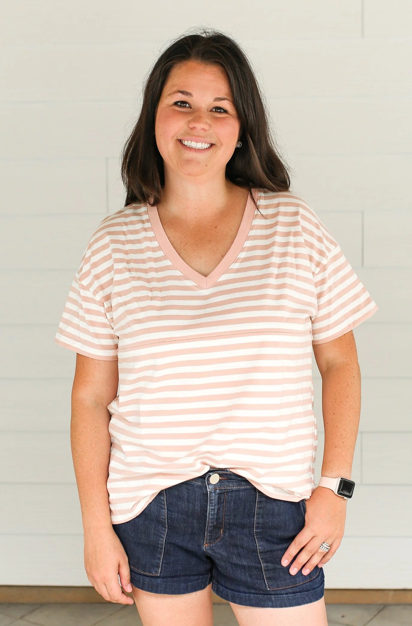 V-Neck Full Zip Breastfeeding Tee | Ivory & Blush Stripe