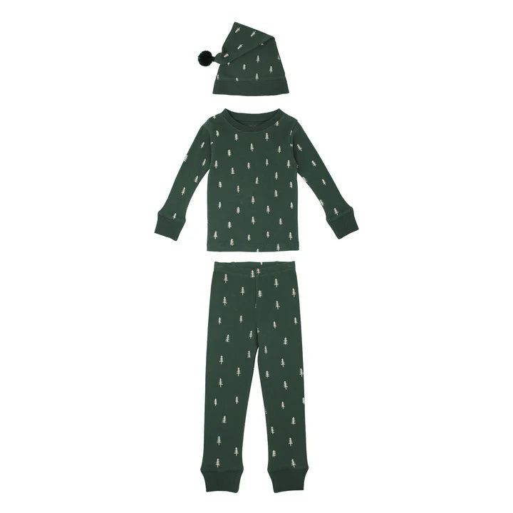 Kids' Organic Holiday PJ & Cap Set | Pine Trees