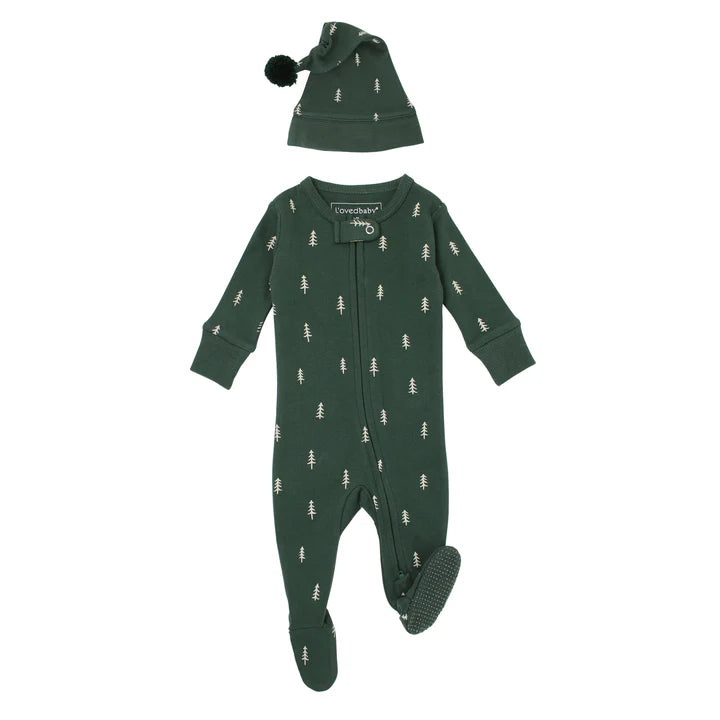 Holiday 2-Way Zipper Footie & Cap Set | Pine Trees