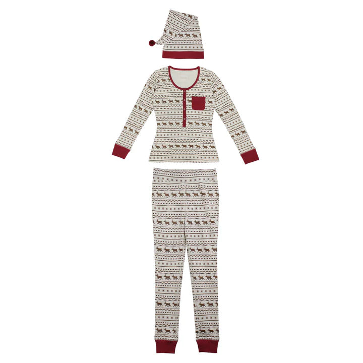 Women's Organic Holiday 2-Pc Lounge Set with Cap | Fair Isle Rudolph